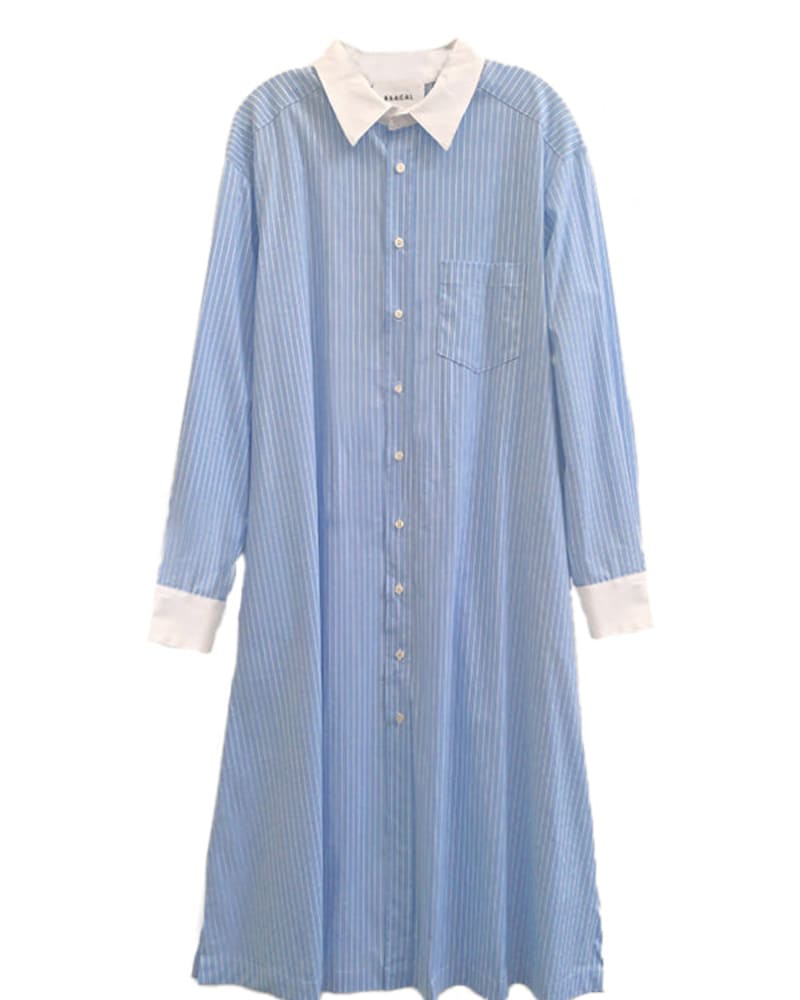 Front of a size 3 Long Cotton Shirtdress in Blue Stripe by BAACAL. | dia_product_style_image_id:256856